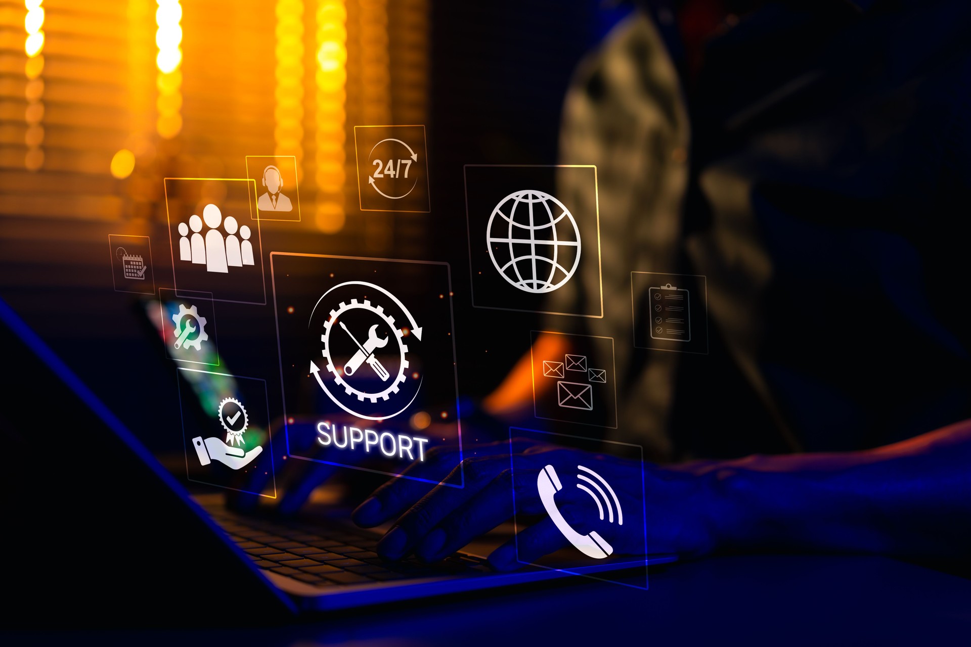 Technical support and customer service concept. Digital icon representing technical support, customer service, and 24/7 assistance. Business technology solutions for global support, service management
