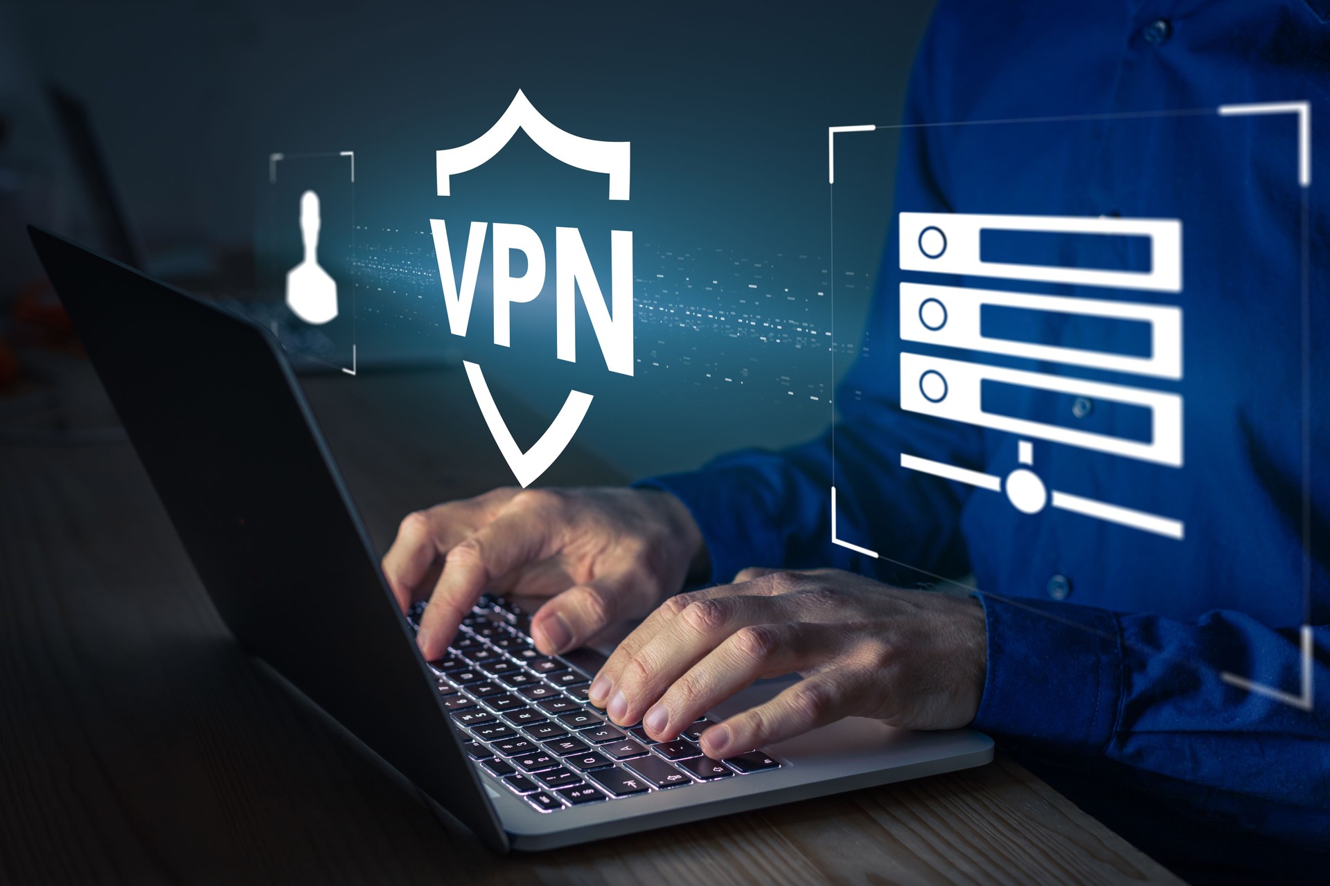 VPN secure connection concept. Person using Virtual Private Network technology on laptop computer to create encrypted tunnel to remote server on internet to protect data privacy or bypass censorship